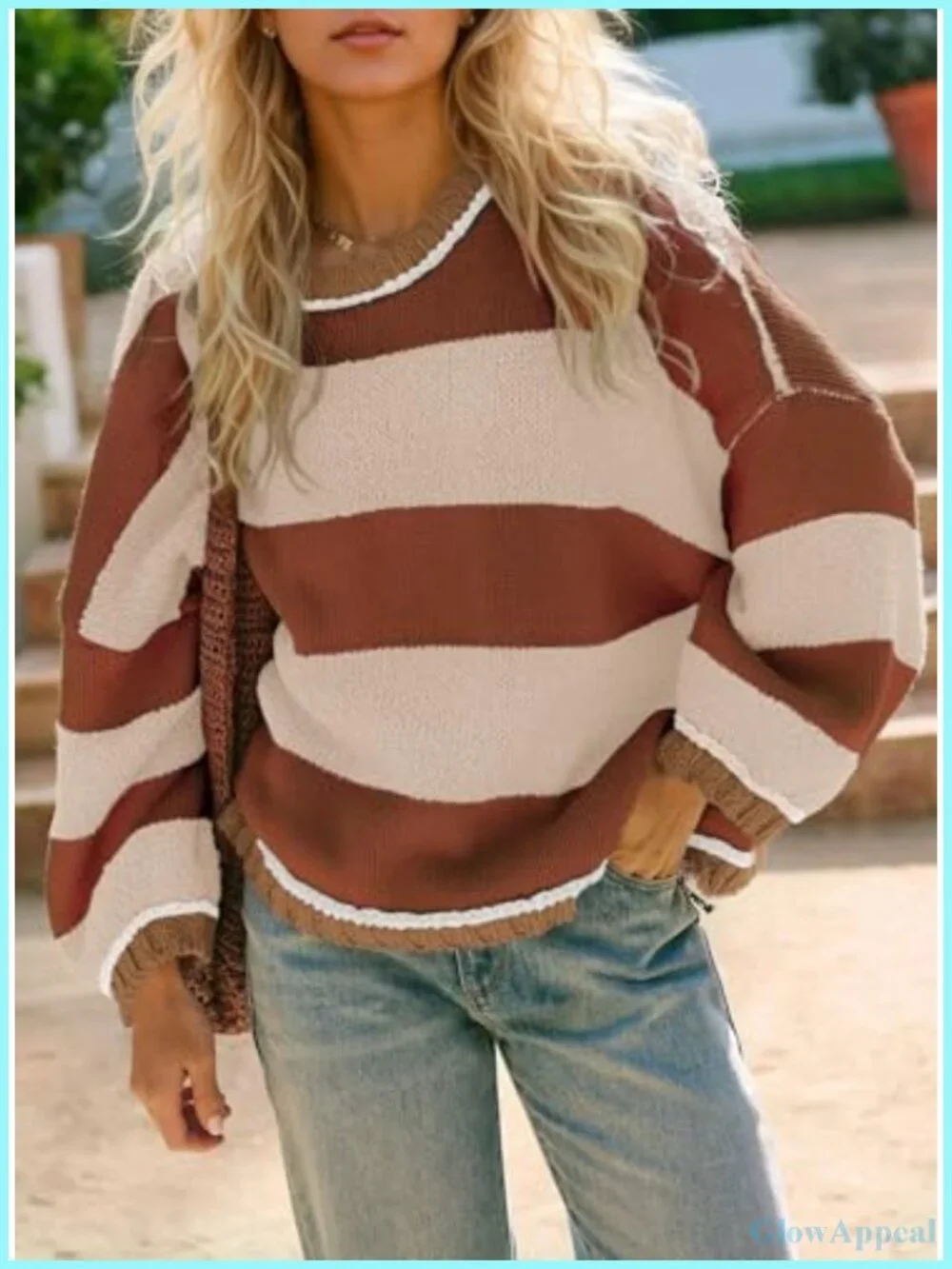 Oversized Striped Chunky Knit Crewneck Sweater Pullover